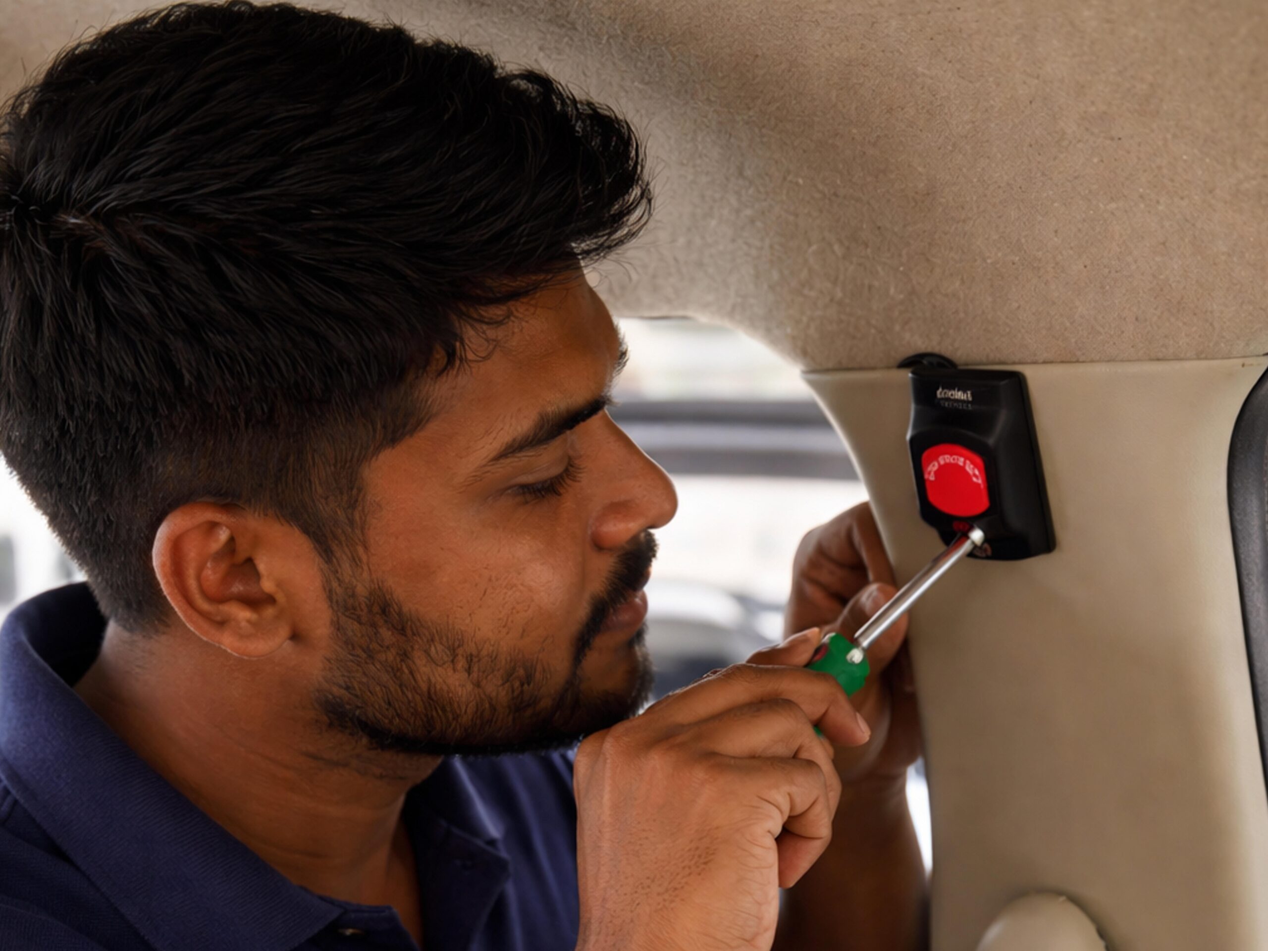 Professional GPS installation technician installing AIS 140 device in Bangalore vehicle